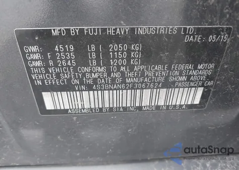 2015 Subaru Legacy 2.5I Limited из США, поврежденный, VIN 4S3BNAN62F3067624